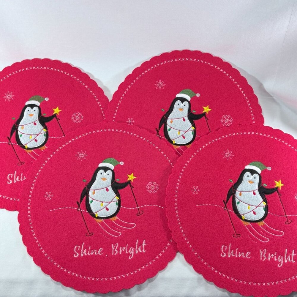 Penguin on Skis Christmas Holiday Felt Embroidered Placemats Set of 4